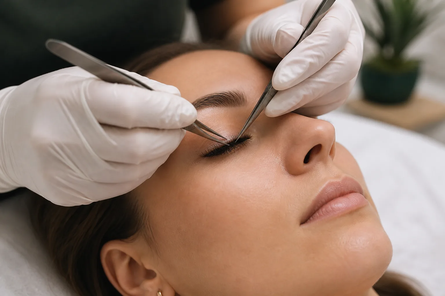 Lash artist applying a classic and hybrid extension set to an adult client with closed eyes