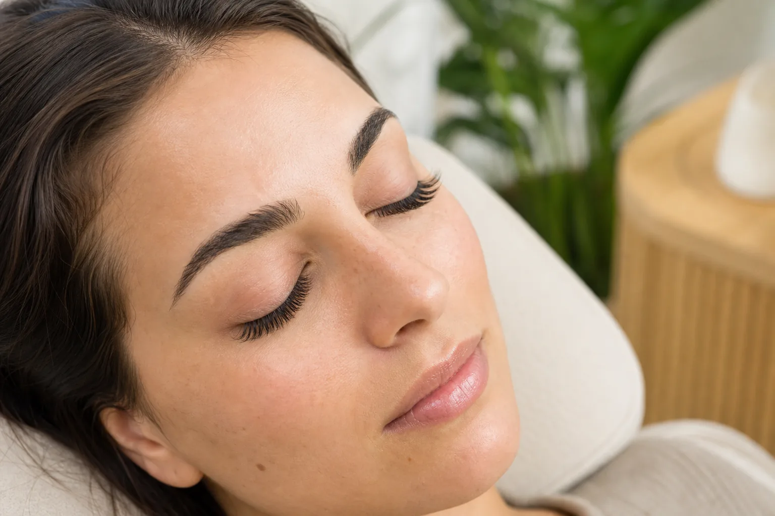 Adult client wearing custom eyelash extensions in a warm modern lash studio